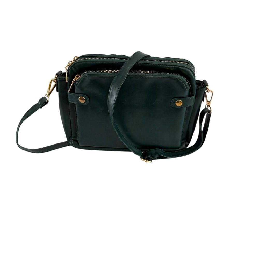 Dark Green Faux Leather Triple Zip Crossbody Purse with Wallet Gold Hardware